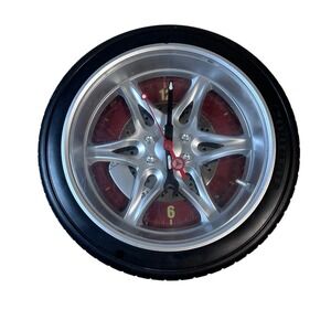 Unique Car Wheel Tire Clock Silver Hub Red Face Automotive Decor